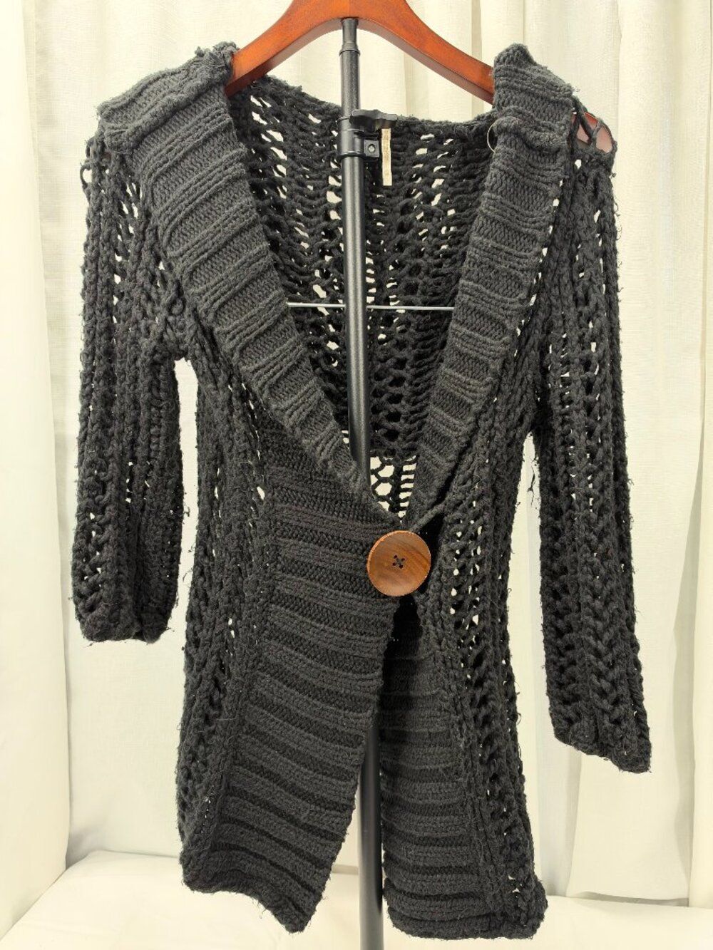 Free People Black Hooded Open Knit Chunky Cardigan Sweater XSmall